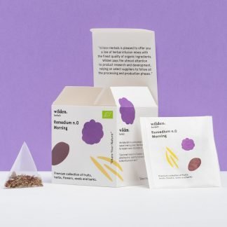 Square open package of herbal infusion Remedium Morning with single tea bag and herbs